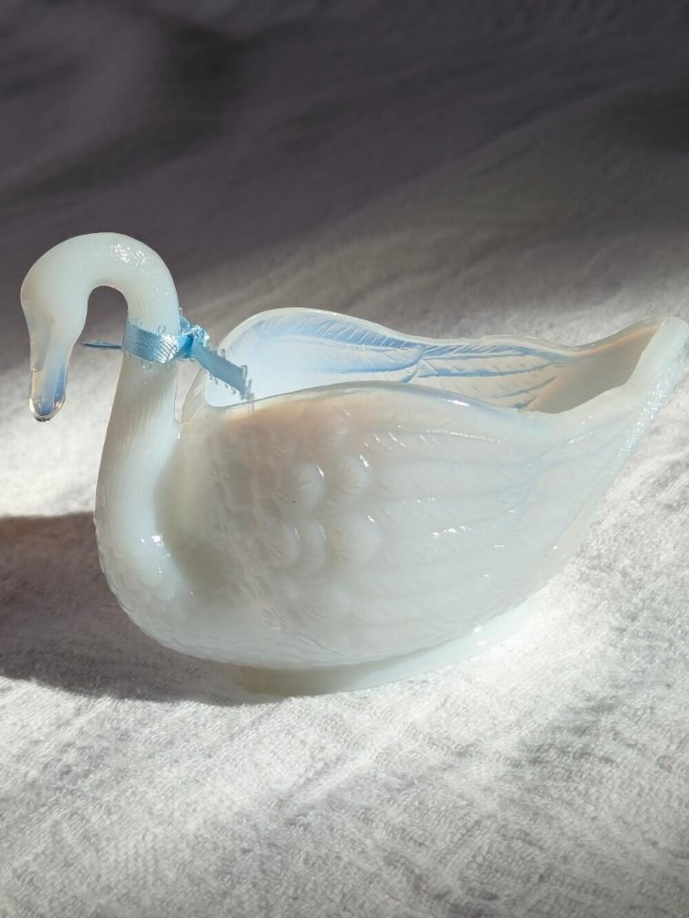 White Glass Swan Trinket Dish Blue Ribbon Vanity Decor